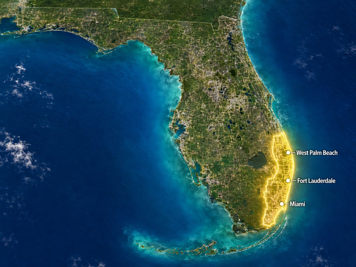 Satellite map of Florida with West Palm Beach, Fort Lauderdale and Miami pickup areas highlighted